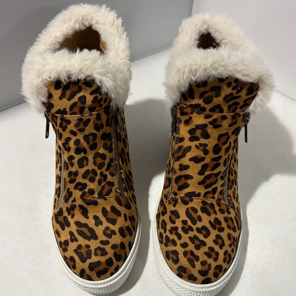 Leopard Print Fur-Lined Wedge Booties
